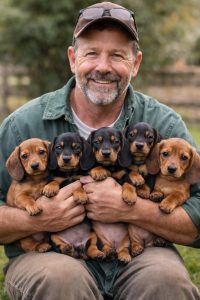 dachshund breeder holding puppies
