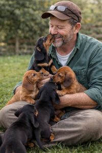 dachshund breeder holding puppies